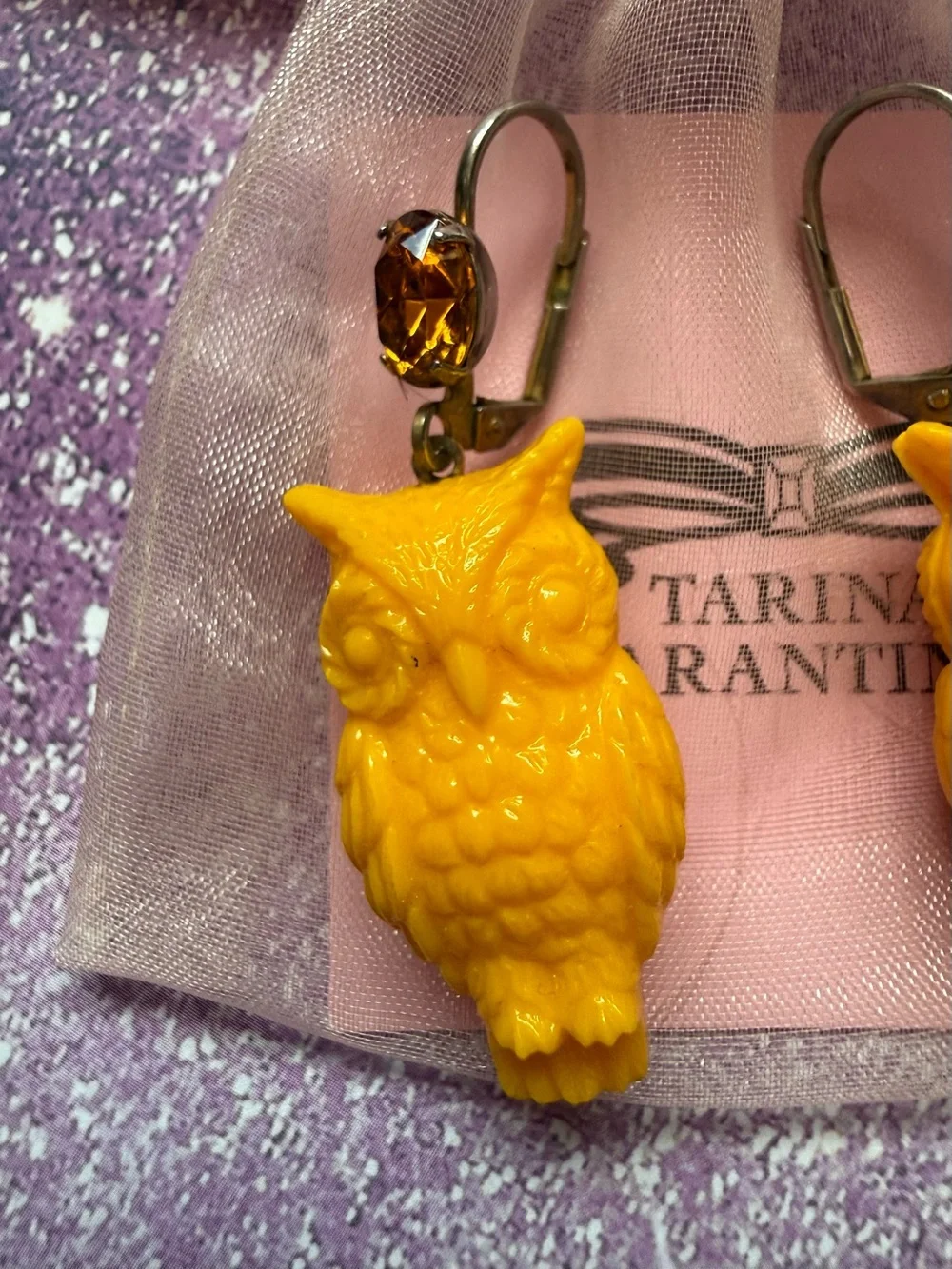 Rare Tarina Tarantino Vintage Owl Yellow Lucite Topaz Crystal Leverback Earrings